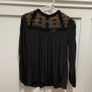 Lucky Brand Gold Thread & Beaded Embellished Lace Top/Blouse Size S NWT